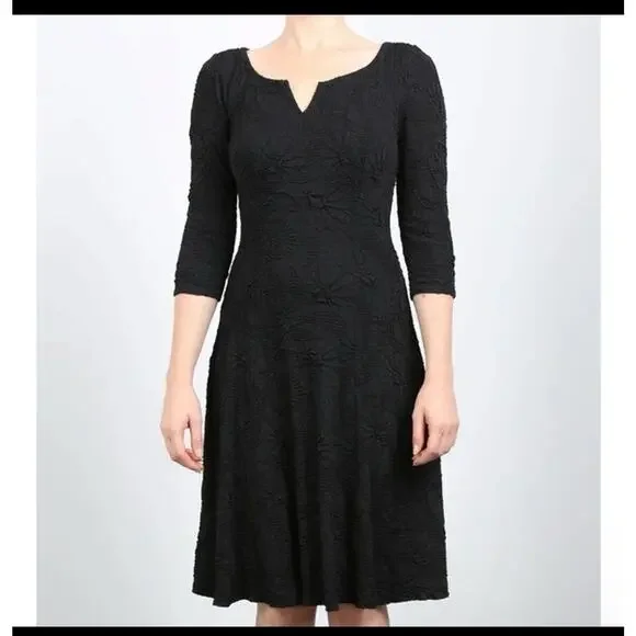 Elana Kattan Dain 3/4 Sleeve Scoop Neck Trapeze Black Dress, Size M Lagenlook - Picture 1 of 8
